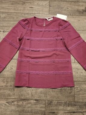NWT Grace Karin Womens Lace Ribbon Long Sleeve Blouse Purple Size S